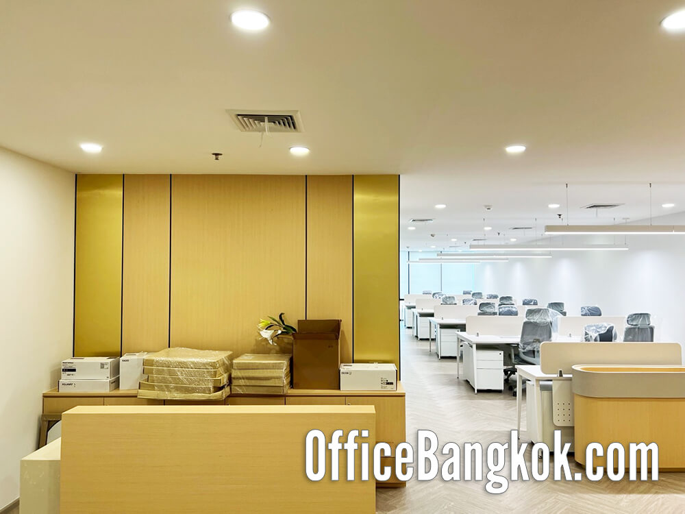 Fully furnished office for rent in Bangna, 145 sqm. Ready to move in with modern design and 123,000 THB/month rental.