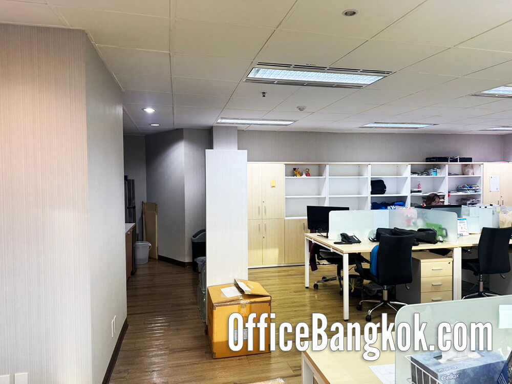 Fully furnished office for rent on Ratchada Road, near MRT Huai Khwang. 140 sqm with modern design and ready-to-use workspace. Rent 112,000 THB/mo